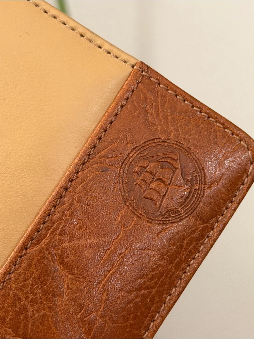 Vintage Leather Passport Holder Travel Wallet Tan Brown Sailboat Logo